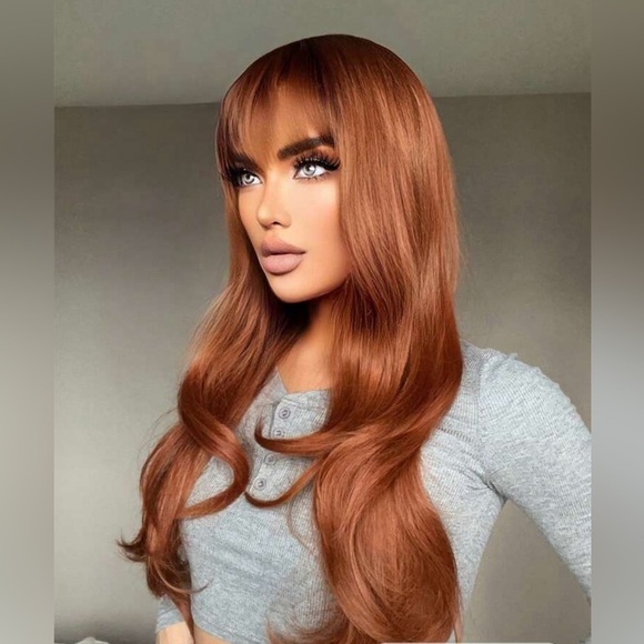 26” Daily Use Copper  Long Wavy Heat Resistant Fiber Full Wig With Bangs - Picture 4 of 13